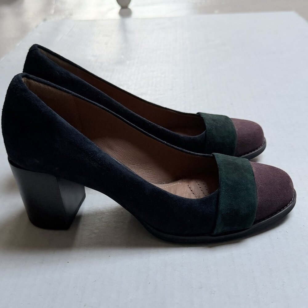 Clarks Artisan Tarah Brae Suede Pumps Womens 7 Multicolor Block Heel Green Blue